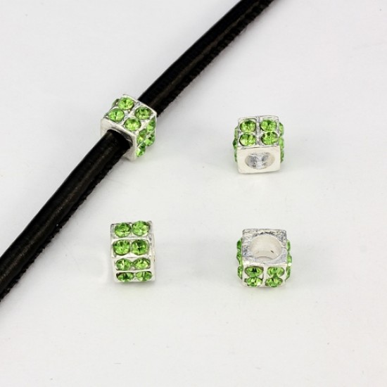 Alloy European Beads, square, 6x10mm, hole:5mm, pave green crystal, silver plated, 1 piece