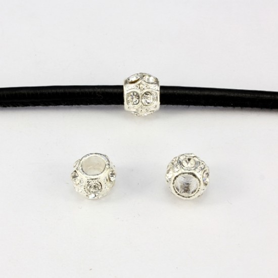 Alloy European Beads, #004, 9x11mm, hole:5mm, pave clear crystal, silver plated, 1 piece