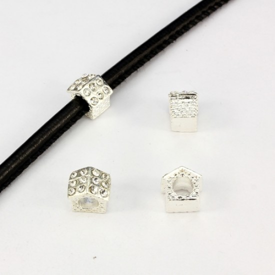 Alloy European Beads, house, 8x10x10mm, hole:5mm, pave clear crystal, silver plated, 1 piece