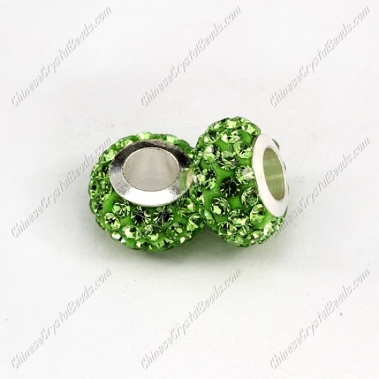 Pave Crystal European Beads, clay base, green, 7x12mm, hole: 5mm, 9 pieces