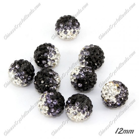 AAA quality Premium Pave style half drilled beads crystal, round, 12mm, hole: 1mm, white & gray & black, sold by 1 pc