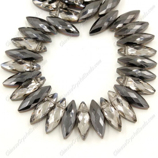 Leaf crystal beads, 7x22mm, dark silver shade, 10 beads