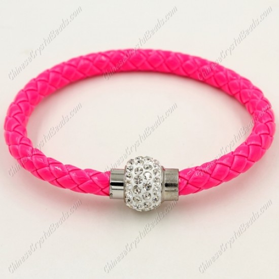 12pcs Weave leather bracelet, Magnetic Clasps, neon fuchsia, wide 7mm, length about 7inch