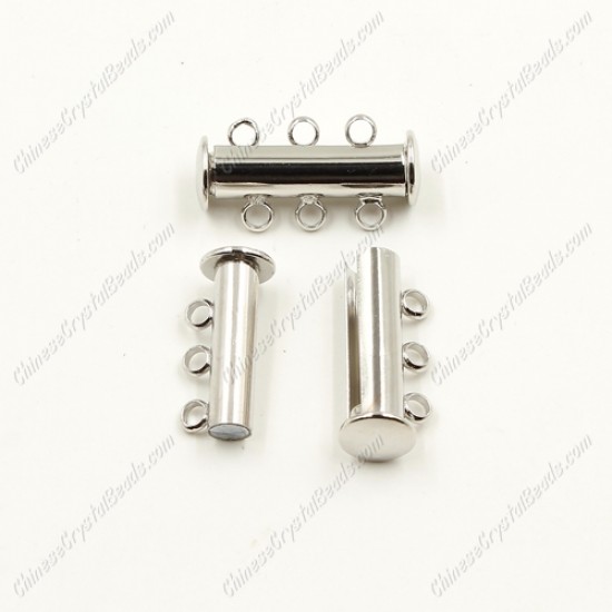 Magnetic Clasps, 3-strand, silver-plated brass, 20x6mm tube. Sold per pkg of 10.