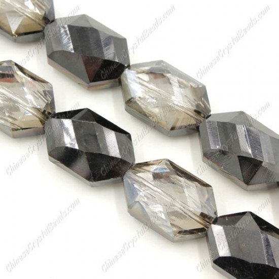 10Pcs Faceted Polygon Hexagon Glass Crystal, dark silver shade, hole:1.5mm (2 size)