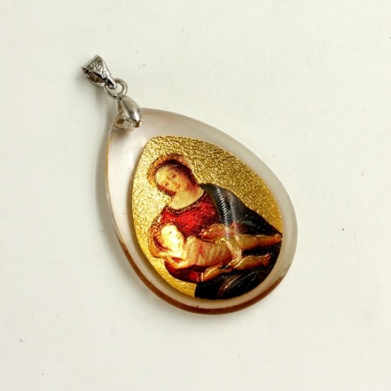 Gold Portrait Virgin Mary in the glass pendant, 26x38mm, 1 pcs