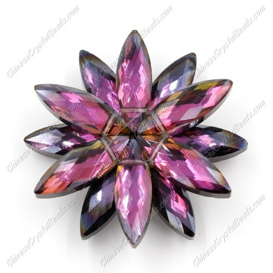 Beaded crystal flower, CCB Base, 45mm width, purple and hematite light, 1pcs